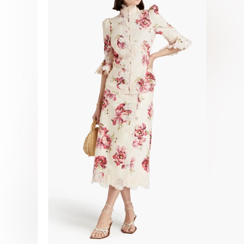 NWT Sz 0 Zimmermann Resort High Tide Floral Lace Linen Midi Maxi Skirt Smal